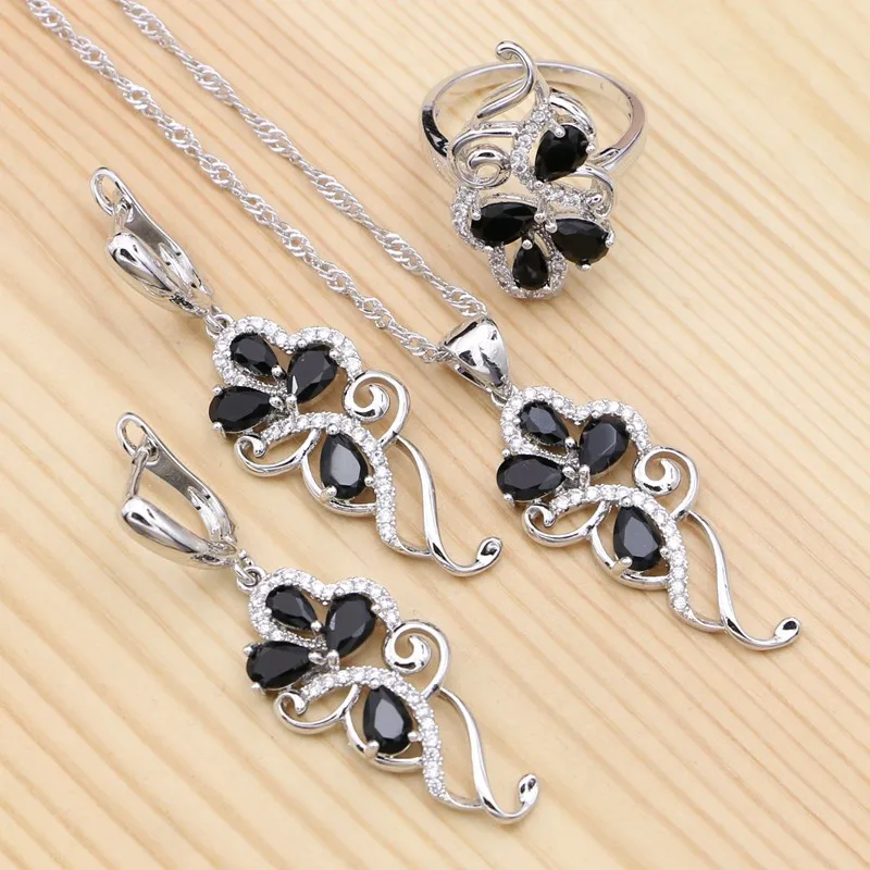 

925 Sterling Silver Party Jewelry Sets For Women Black Cubic Zirconia White Crystal Pendant Necklace Ring Earrings Set