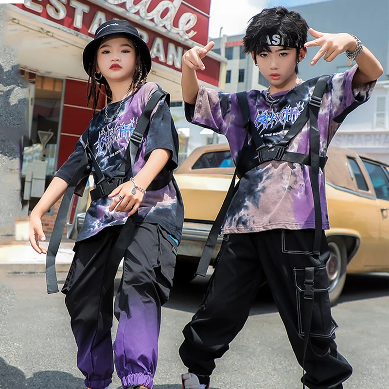 Kids Jazz Dance Costume For Girls Boys Tie-Dyed Top Overalls Hiphop Pants Ballroom Dance Clothing Street Dance Stage Outfit 5319