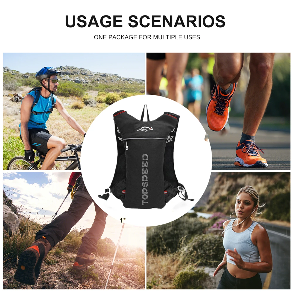 Trail Running-5L超軽量バックパック、ハイドレーションジョギングベスト、マラソン、自転車、ウォーターボトル250ml 500ml