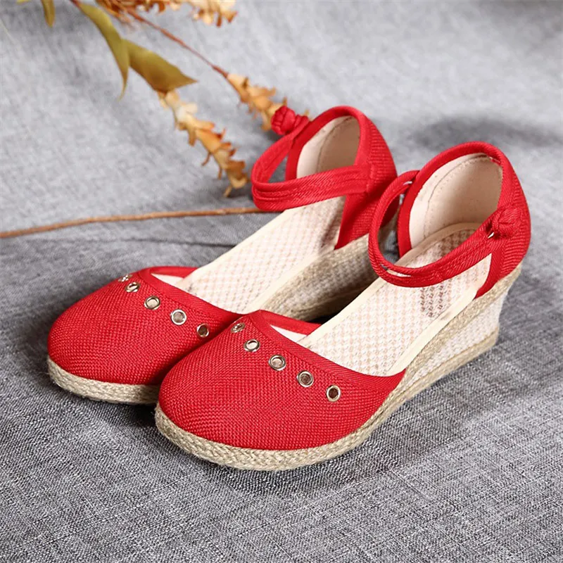 Veowalk Bohemian Summer Women Linen 6cm Wedge Espadrilles Sandals Handmade Ankle Strap Close Toe Ladies Casual Platform Shoes