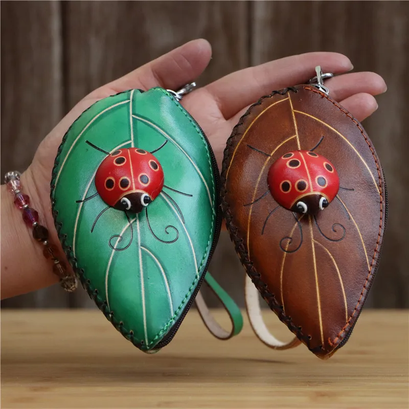 Leather Handmade Creative Leaves Seven Star Ladybug Mini Coin Purse Leather Card Key Case Clutch Clutch Clutch