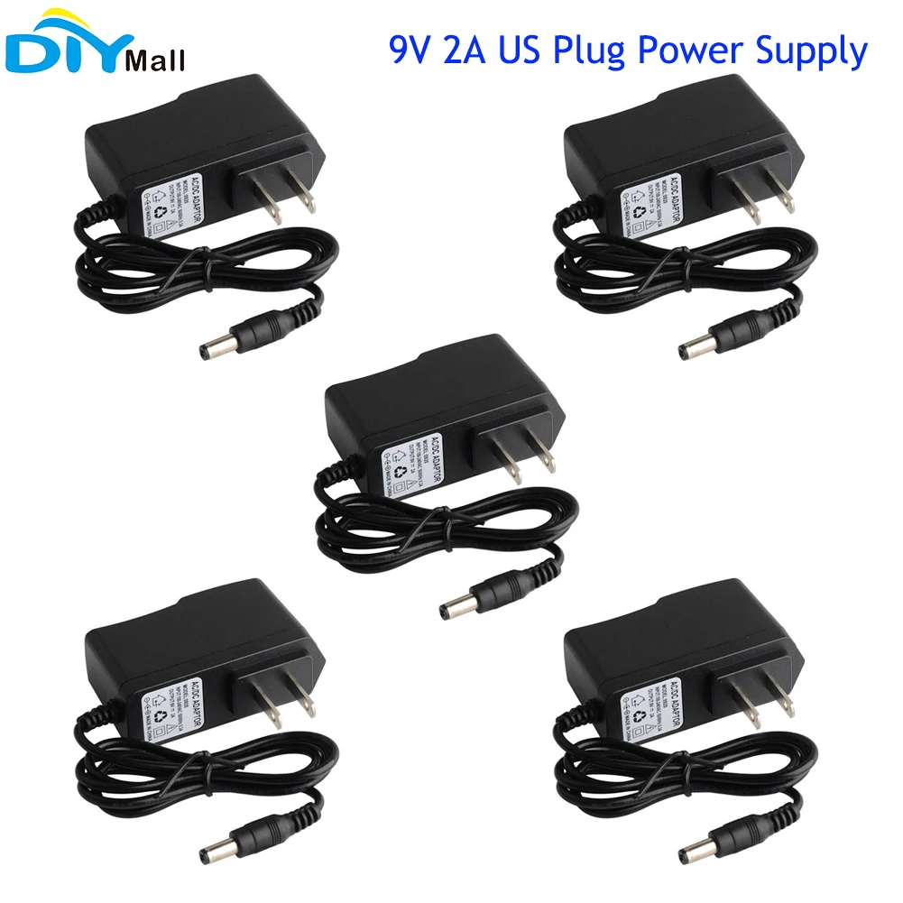 

5PCS US Plug Power Supply Converter AC 100-240V to DC 9V 2A 2000mA Adapter Switching 5.5x2.1mm