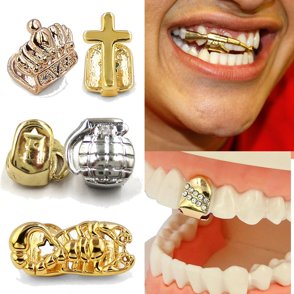 Real Gold Single Tooth Grillz Teeth Brace Punk Hip hop Dental Mouth Fang Grills Vampire Caps Cosplay Rapper Body Jewelry