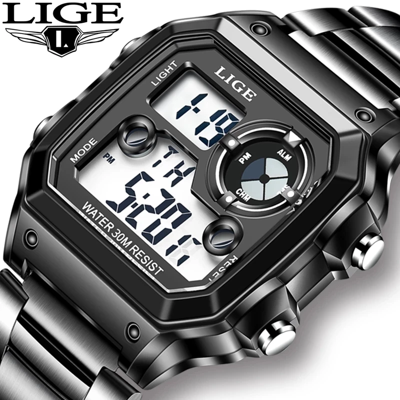 LIGE 2023 NEW Luxury Brand Men Watch Military Digital Sport Wristwatch Mens Steel Strap Waterproof Clock Male Relogio Masculino