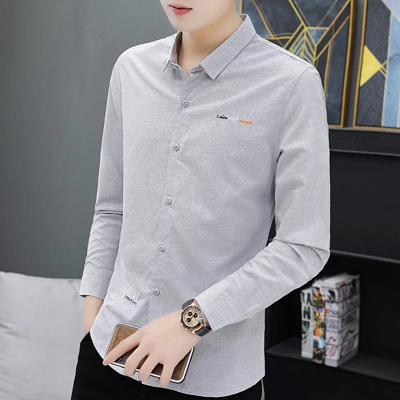 

Men's Long Sleeve Comfortable Handsome Lapel Shirt Solid Color Fashion Business Letters Printing Loose Casual All-match Cardigan