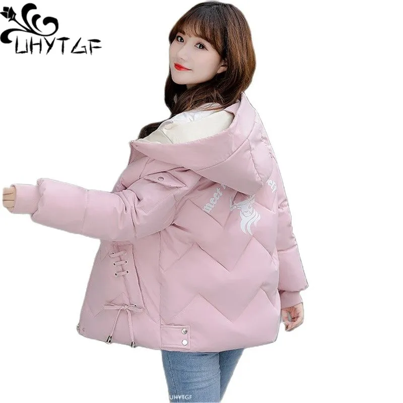 

UHYTGF Parker Womens Down Cotton Thicken Winter Jacket Hooded Cold-Proof Warm Overcoat Casual Short Slim Loose Size Outerwear 22