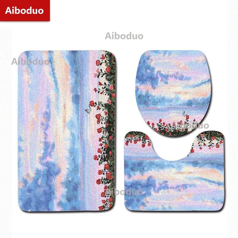 Aiboduo 3pcs/set Toilet Lid Cover Set NonSlip Girly Cute Restroom Rug Carpet 50*80cm Painting Pink Warm Home Decoration BathMat