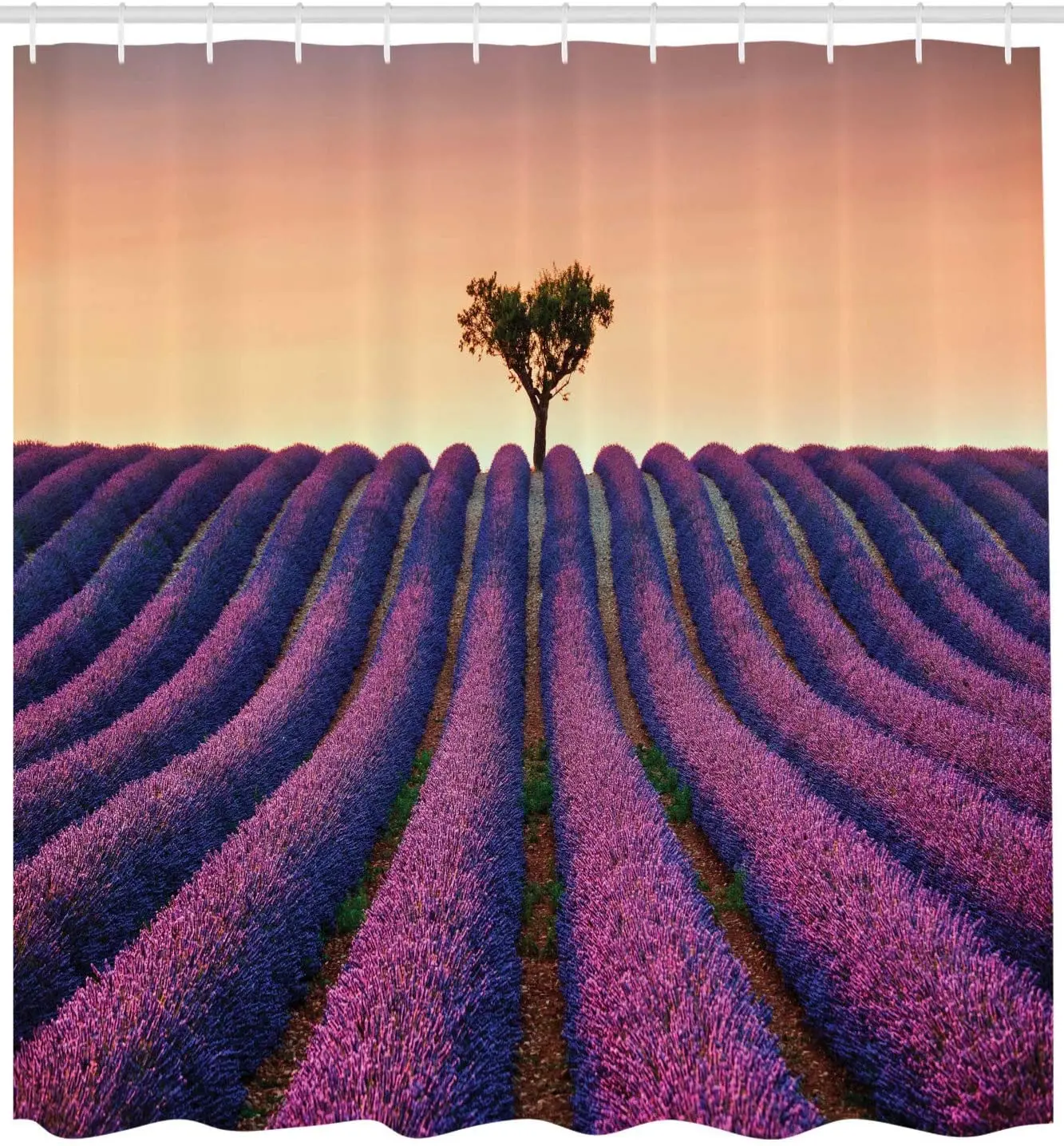 Farm House Decor Shower Curtain Set Lavender Flowers Blooming Field and A Tree Uphill on Sunset Valensole France Bathroom