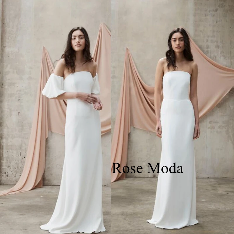 Rose Moda Simple Back Slit Boho Wedding Dress with Removable Sleeves Custom Make