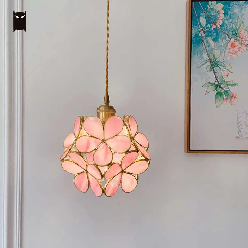 Pink Blue Hand-blown Glass Petal Pendant Light Fixture Art Rustic Romantic Hanging Ceiling Lamp Princess Girl Kid Room Design