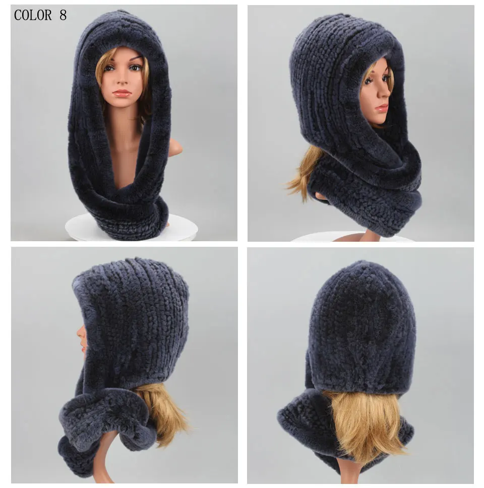 Frauen Gestrickte Echte Rex Kaninchen Pelz Hut Mit Kapuze Schal Winter Hüte für Frau Herbst Kappe Warme Natürliche Pelzmütze mit Hals Schals Bonnets – Detail 13