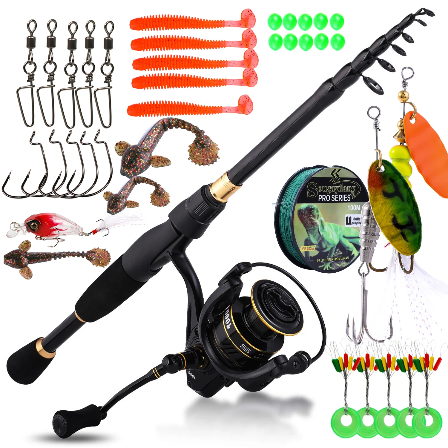 Sougayilang 1.8-2.1m Fishing Rod Combo Set with Telescopic Spinning Rod and Spinning Reels Fishing Line Lure Hooks Full Kit