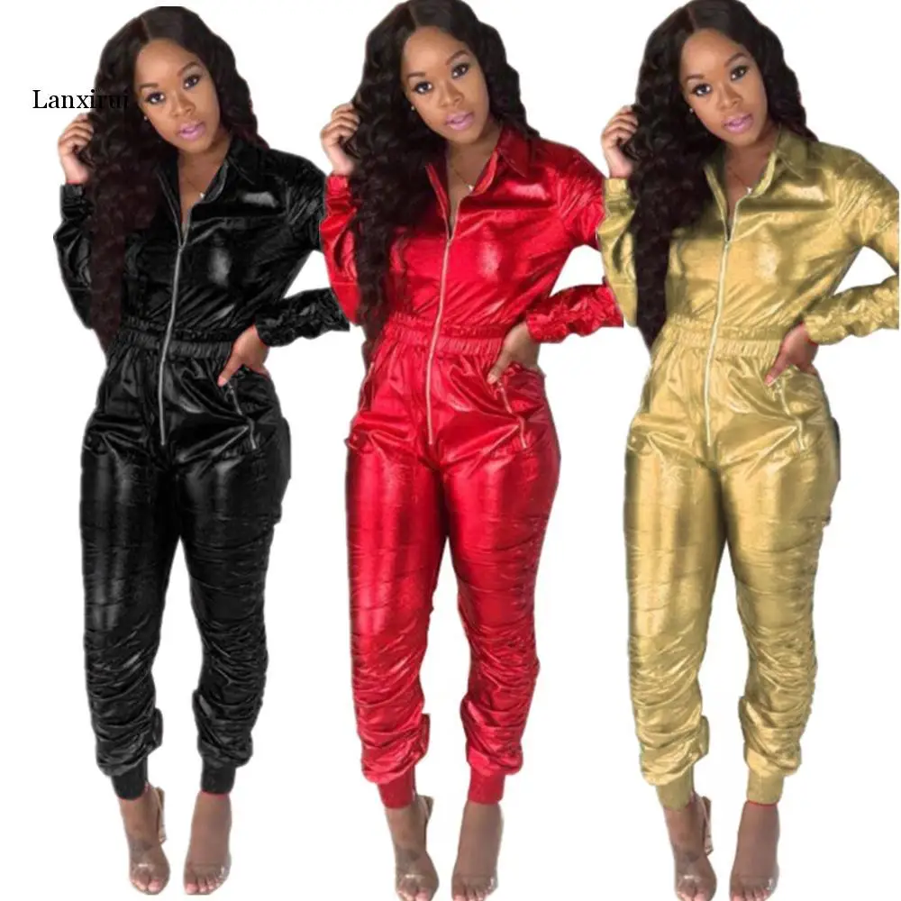 

Sexy Long Sleeved Women Jumpsuit Open Crotch Leotard Bright Leather Tight-fitting Lapel Jumpsuit Zipper Bodysuit