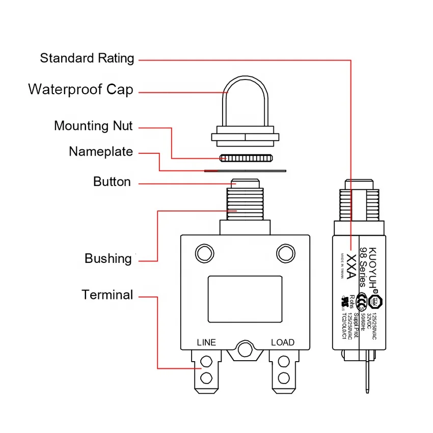 KUOYUH 98 series 3A 5A 8A 10A 12A 15A 16A 18A 20A push button reset overload protector automatic reset circuit breaker switch