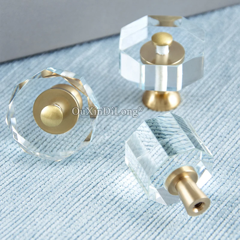 10PCS Modern Brass + Glass Crystal Furniture Handles Cupboard Wardrobe Drawer Pulls Furniture Cabinet Door Knobs FG712