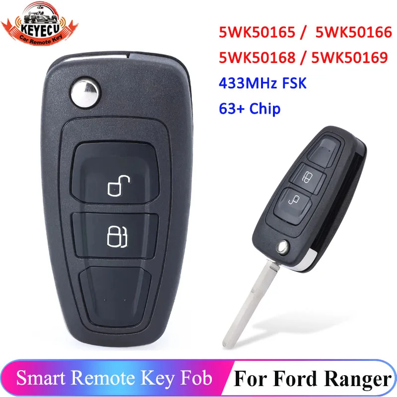 KEYECU 5WK50165 434MHz 4D63 For Ford Ranger Focus Mondeo 2011 2012 2013 2014 2015 5WK50166 AB39-15K601-DA 2 Button Flip Car Key