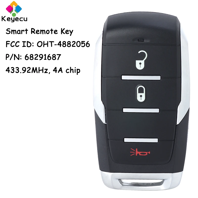 

KEYECU Smart Prox Remote Car Key With 3 Buttons 433MHz 4A Chip for RAM 1500 2019 2020 2021 Fob OHT-4882056 68291687AA AB AC AD