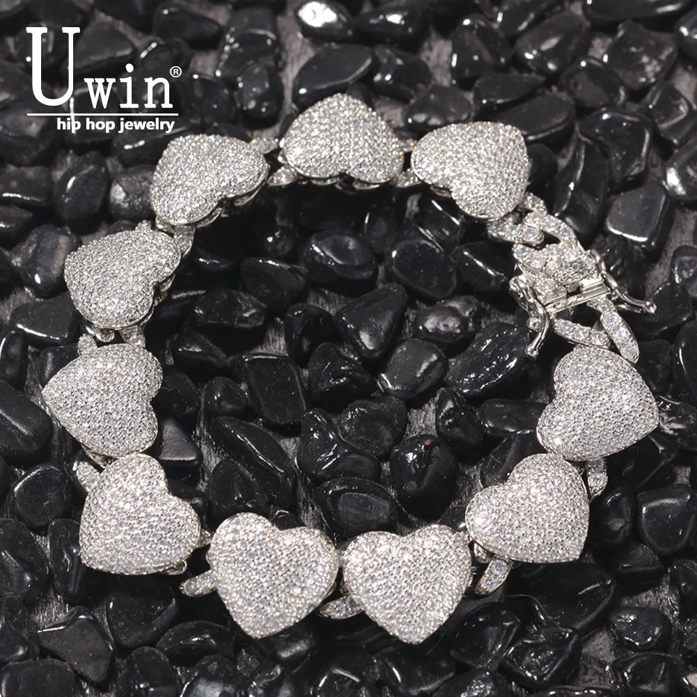 

UWIN 15mm Heart Bracelet Pink With CZ Micro Paved Iced Out Cubic Zirconia Bling Bling Bracelets For Girls Luxury Jewrlry