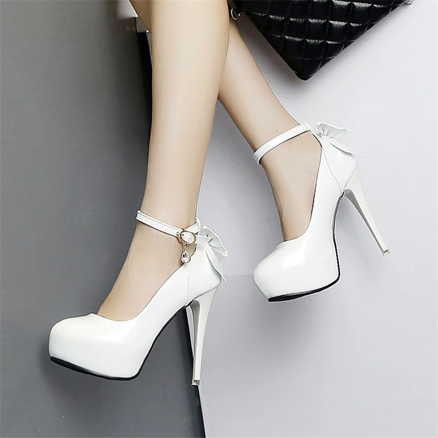 Sweet Bowknot 12cm Super High Heel Women Shoes Crystal Buckle Platform Sexy Pumps Patent Leather Round Toe Ladies Wedding Shoes