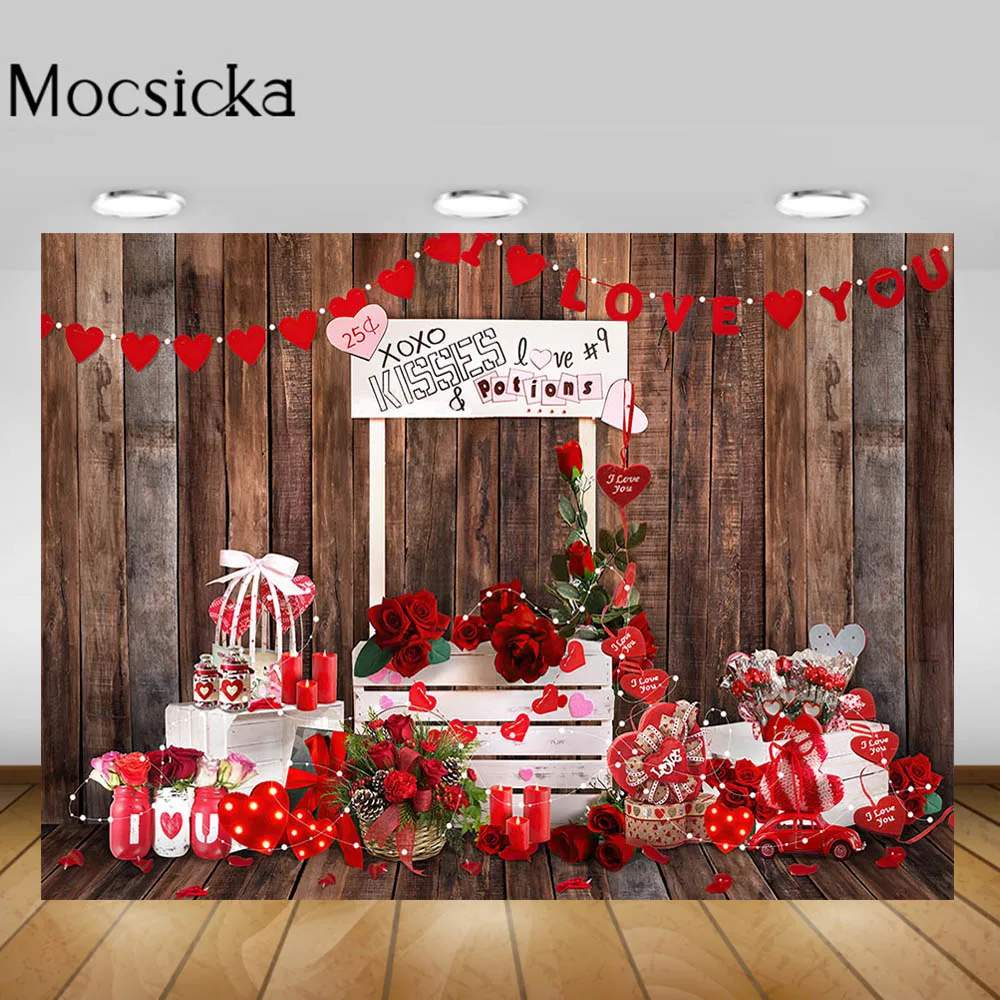 

Happy Valentine's Day Photography Backdrops Brown Wood Board Rose Love Women Birthday Photo Background Studio Photo Shoot Props