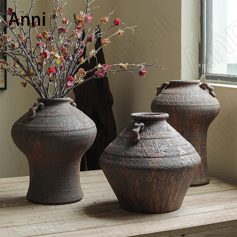 Creativity Antique Stoneware Vase Chinese Vintage Ceramic Dried Flower Vases Ornaments Bionic Ancient Bronzes Home Decoration