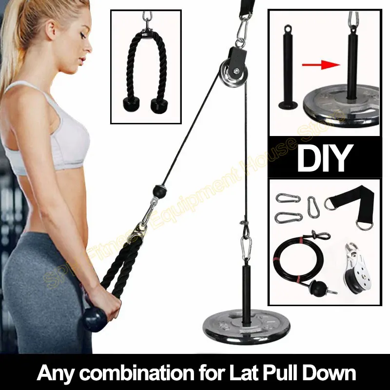 DIY Home Gym Lat Pull Down Equipment, Fitness Handle T-bar Grip Wire Rope, Pully Carabiner Accessories for Seated Rowing Workout