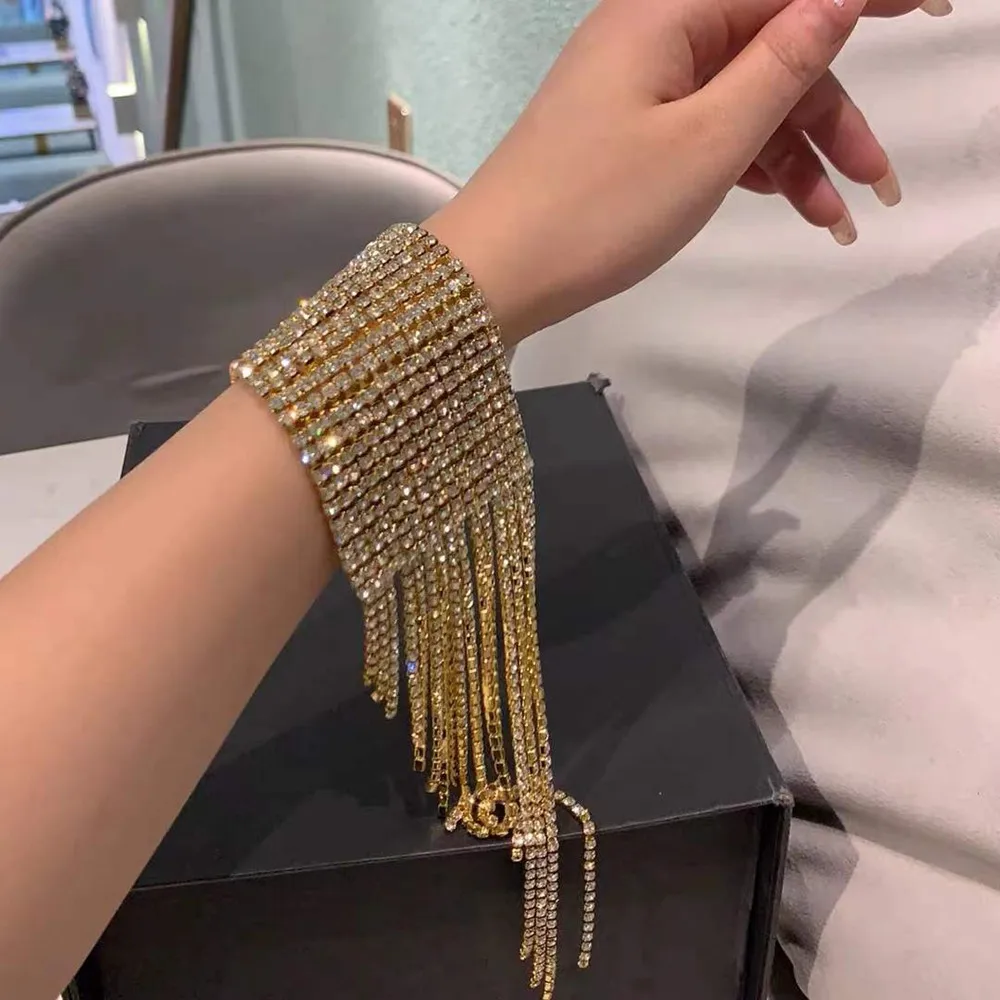 Gorgeous Rhinestone Wedding Wide Bracelet Bangle Accessories for Women Gift Bling Crystal Bridal Long Tassel Bracelet Hand Chain