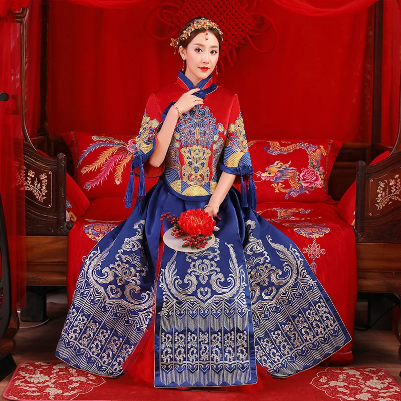 Vintage Blue Cheongsam Modern Chinese Traditional Wedding Dress Women Vestido Oriental Collars Elegent Long Qi Pao