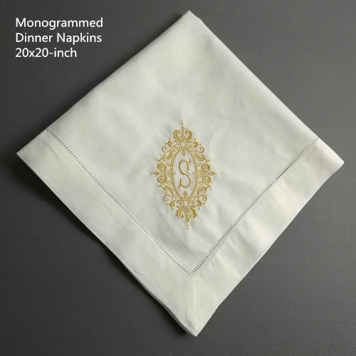 Zestaw 12 monogramów serwetki obiadowe 20 * 20-calowy biały pościel Hemstitch serwetki stołowe drabina haftowane początkowe S serwetki herbaty