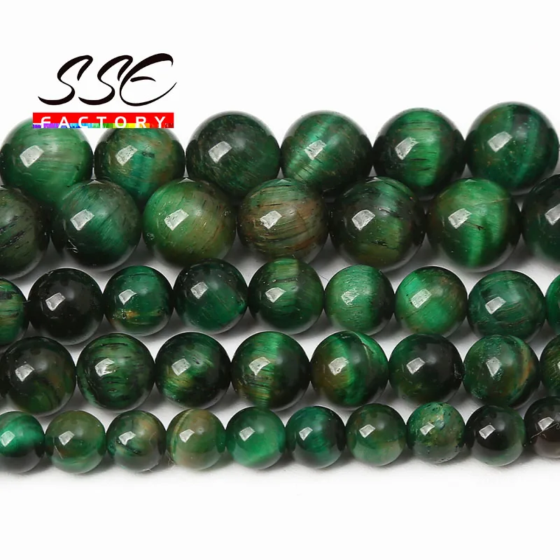 Perles en œil de tigre vert naturel pour la fabrication de bijoux, pierres rondes, amples, Bracelets DIY, accessoires, vente en gros, 15 ''6 8 10 12 14mm