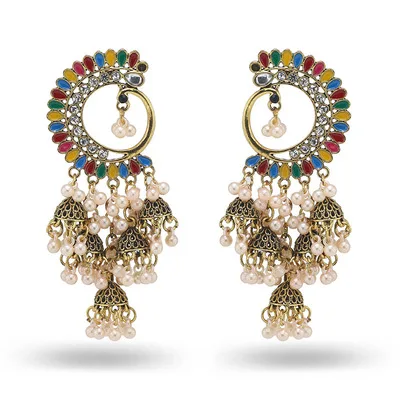 Pendientes de gota de borla de Color dorado y plateado para mujer, joyería india, media luna, gitana, Vintage, Boho Tribe, Jhumka