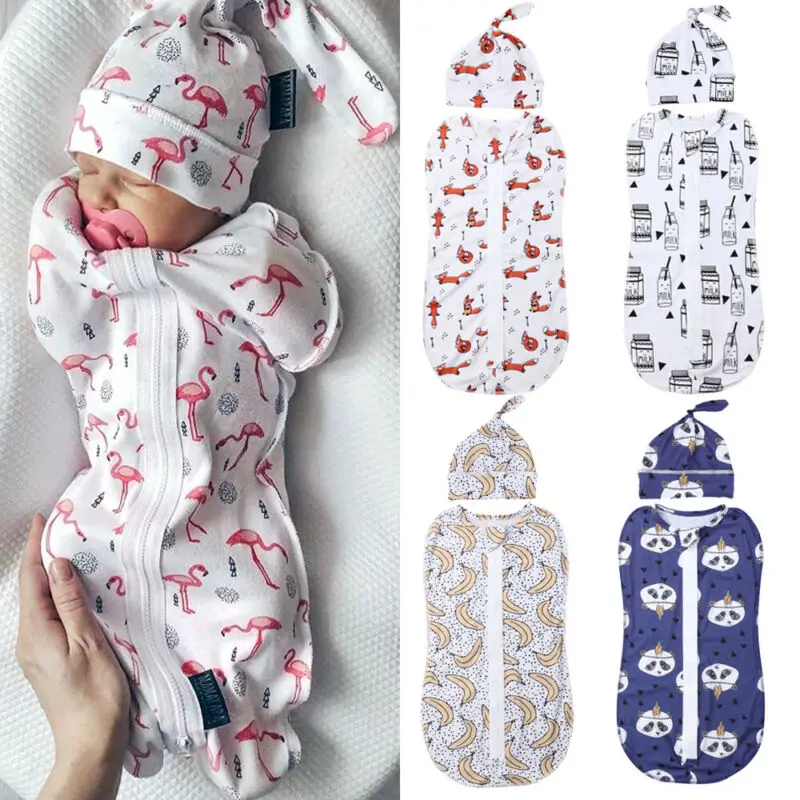 Newborn Kids Baby Sleeping Bags Cartoon Fox Panda Elephant Rabbit Milk Bottle Print Cotton Cute Zipper Sleeping Bag+Hat 0-6M