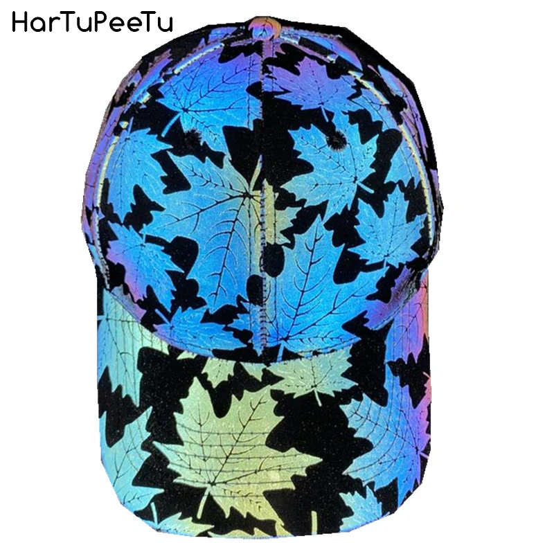 

Cool Rainbow Reflective Light Baseball Cap Unisex Maple Leaf Adjustable Hip Hop Rock Hats Snapback Women Men Club Hat Streetwear