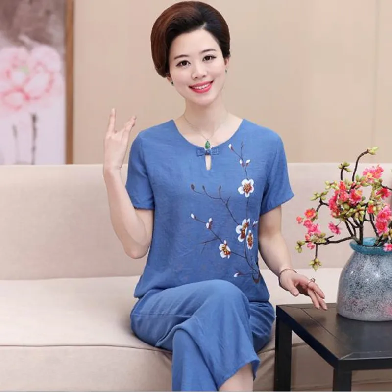 Middle-aged mother short-sleeved suit female summer cotton linen pajamas two-piece set women\'s home clothes out wear pijama 4XL