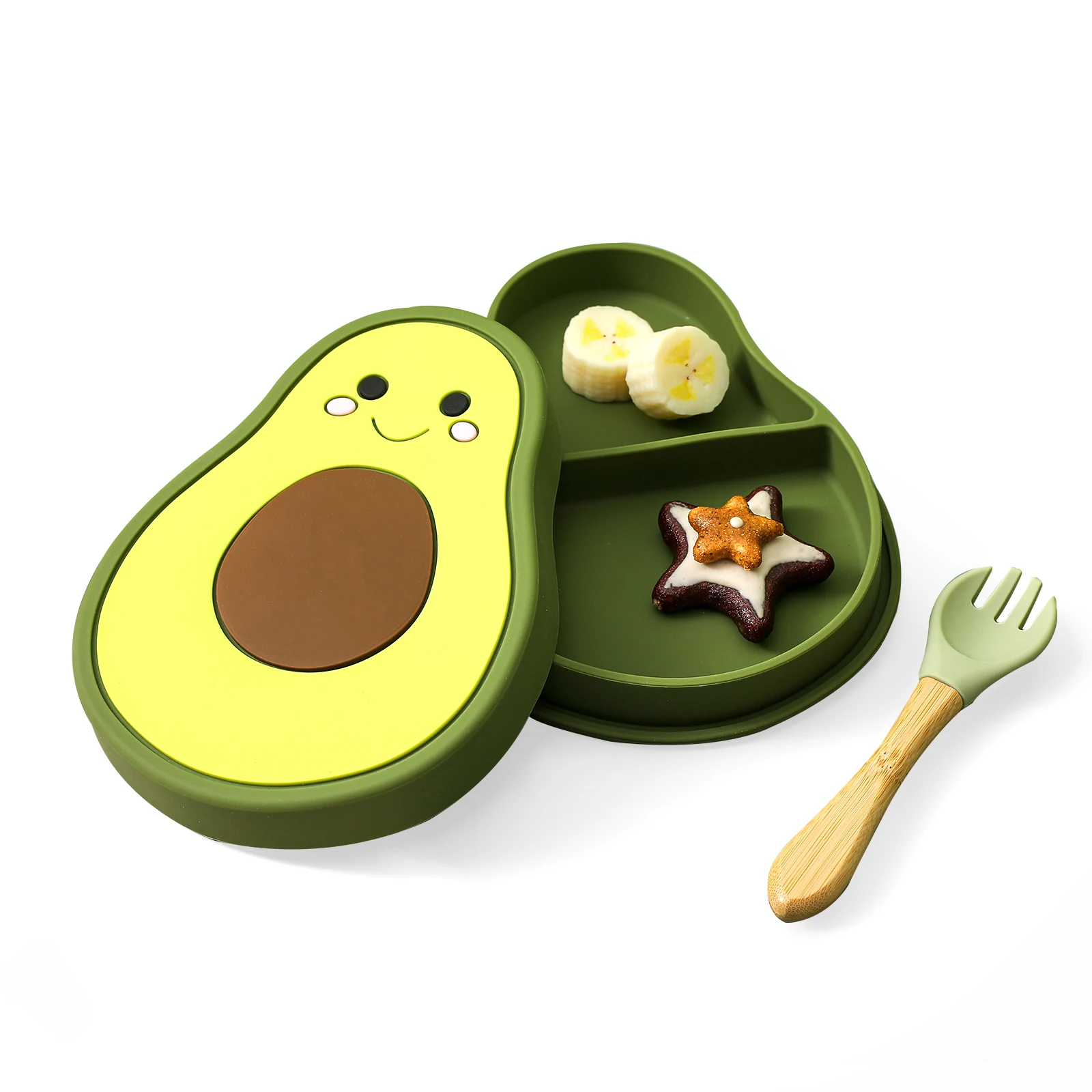 아기 안전 실리콘 뚜껑 뚜껑 만화 아보카도 방수 먹이 그릇 식기 Non-Slip Crockery BPA 무료