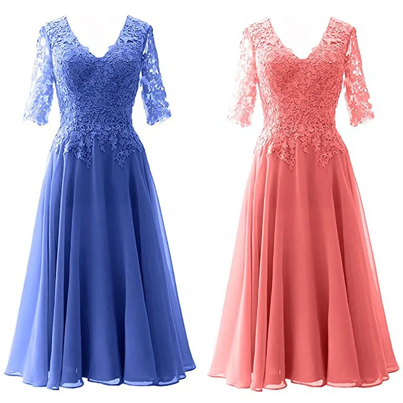 A Line Lace Applique Chiffon Cap Sleeve V Neck Mother Of The Bride Dress Outfits Evening Formal Prom Tea Length Zipper Back