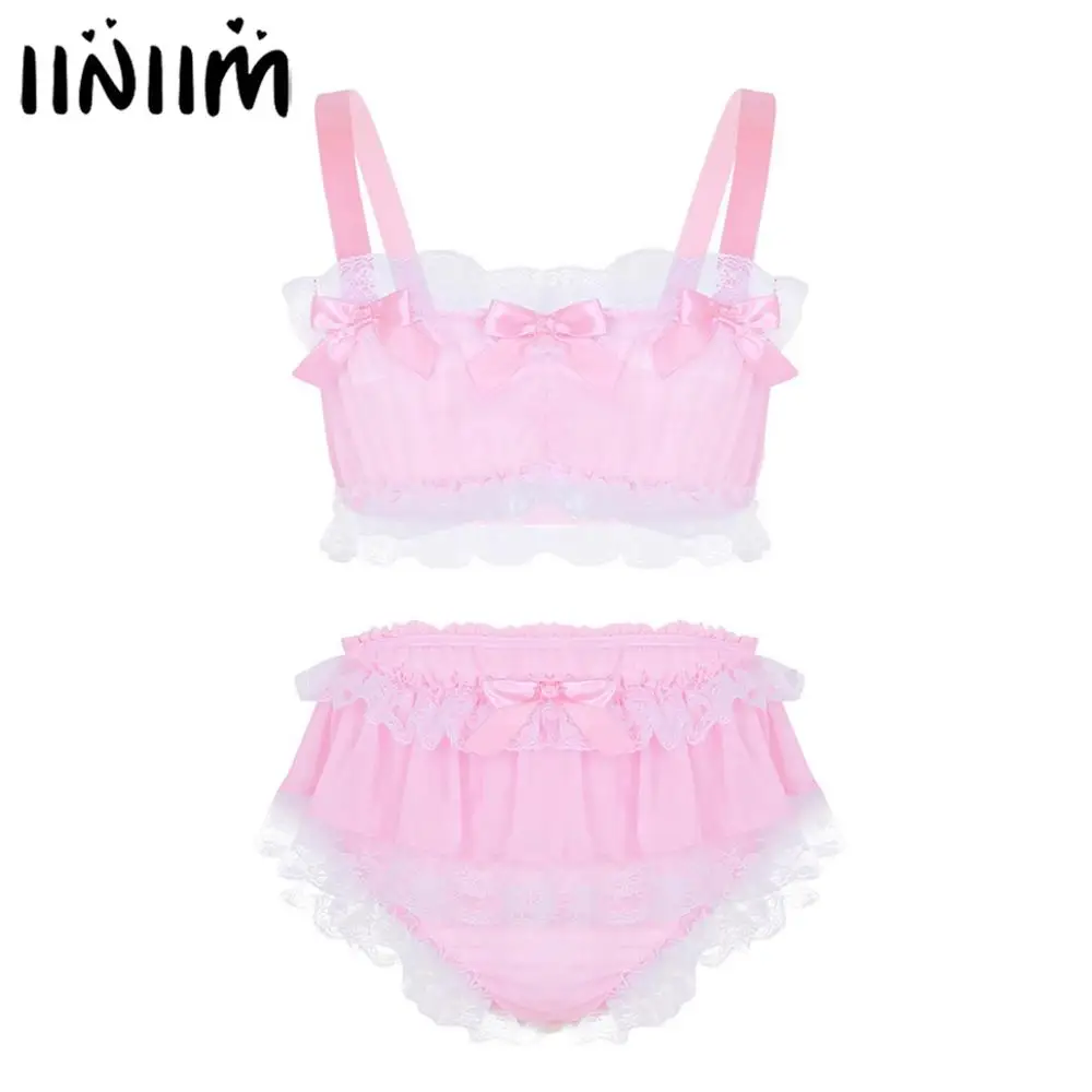 

Mens Sissy Fun Lingerie Set Ruffled Lace Sheer Chiffon Sleeveless Crop Top with Skirted Panties Nightwear Male Sexy Underwear