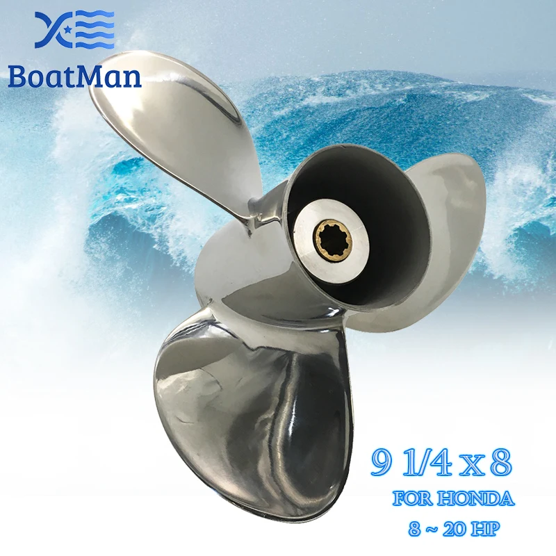 BoatMan® 9 1/4x8 Stainless Steel Propeller For Honda 8HP 9.9HP 15HP 20HP Outboard Motor 8 Tooth Engine Boat Part 58133-ZV4-008AH