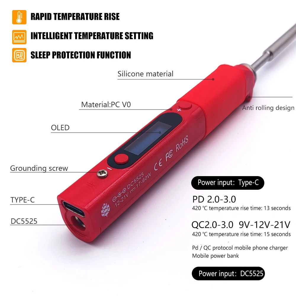 Pine64-Mini soldador eléctrico portátil, temperatura constante inteligente tipo C DC5525, Pinecil B2 BC2 KU C1 Tip