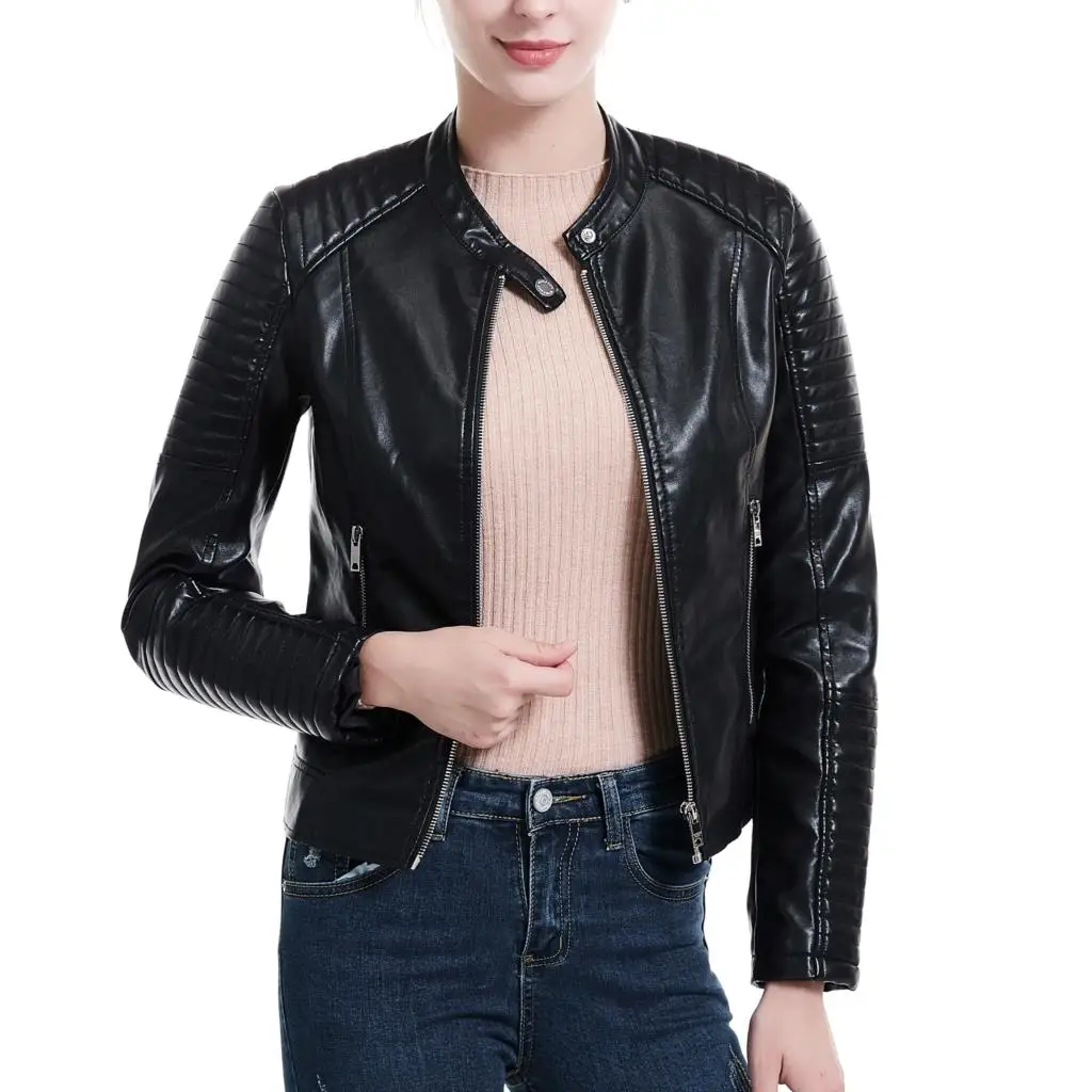 Mulheres de manga comprida jaquetas agradável preto rosa branco couro vestuário fino jaqueta couro da motocicleta outerwear casacos inverno