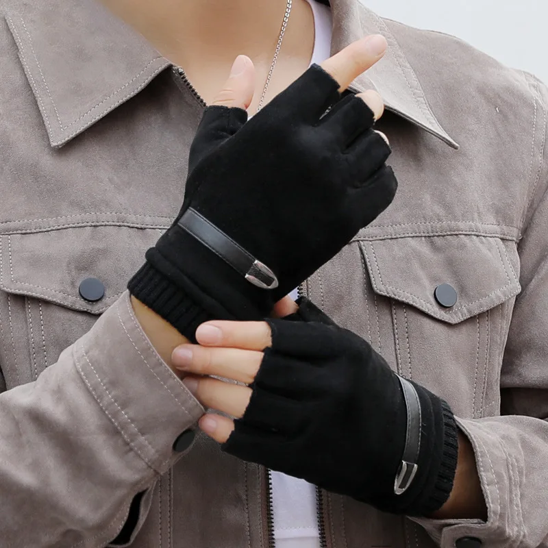 Man Autumn Winter Suede Plus Velvet Keep Warm Outdoor Sports Half-Finger Gloves Fashion Solid Elasticity Drive Cycling