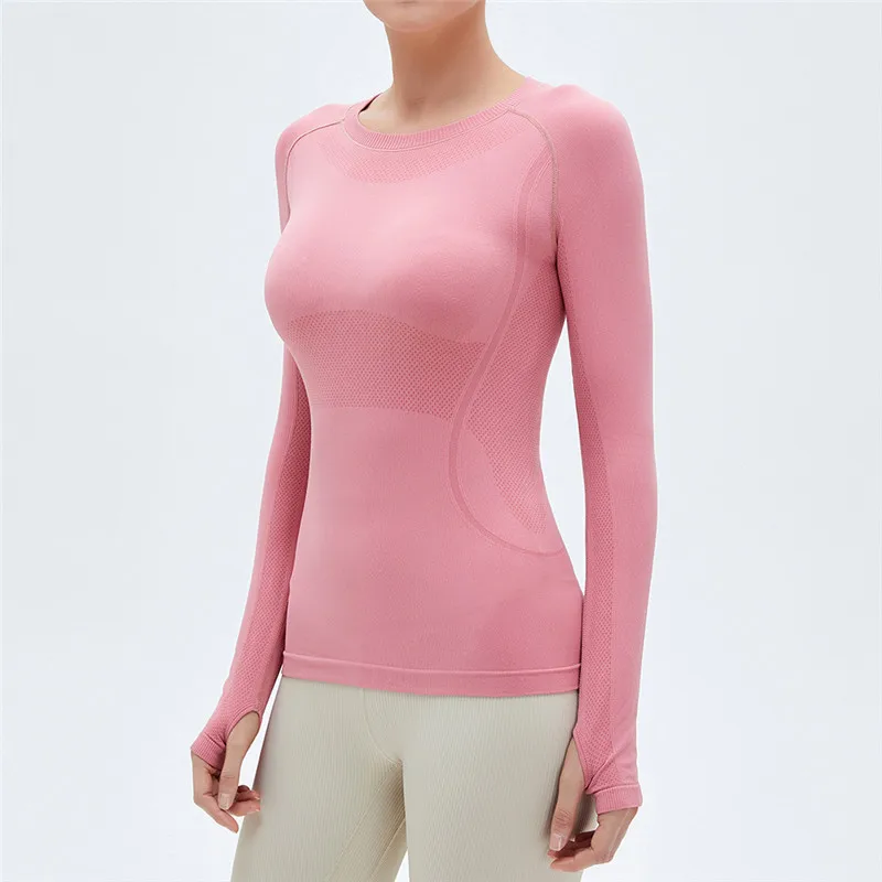 Solid Color Women Long Sleeve Yoga Shirt  Fitness Female Top Round Neck Sports T-shirt Round Neck Thumb Hole Slim Gym Clothing