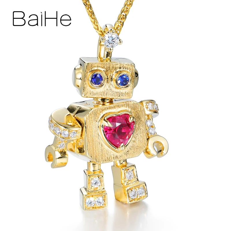 BAIHE Solid 18K Yellow Gold 0.20ct Heart Natural Ruby/Sapphire Robot Pendant Women Men Trendy Fine Jewelry Making Colgante robot