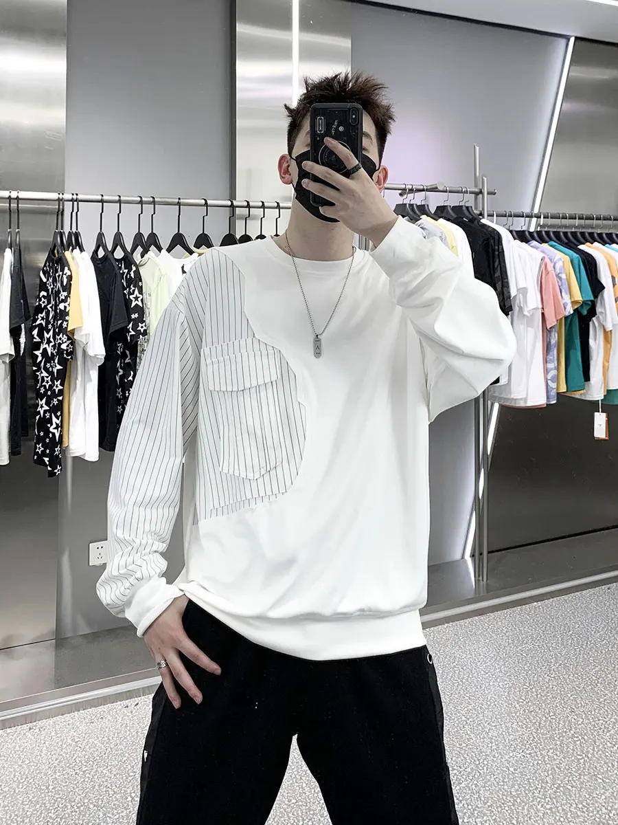 

2022 Spring Autumn Long Sleeve Sweatshirts Men New Fashion Hoodie Mens Casual Loose O-Neck Striped Patchwork Sweatshirt K182