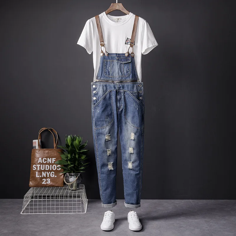 Celana Kodok Robek Jeans Pria Bib Pinggang Dapat Dilepas Pakaian Jalanan Celana Jumpsuits Denim Lubang Hip Hop Celana Pengiriman Compang-camping