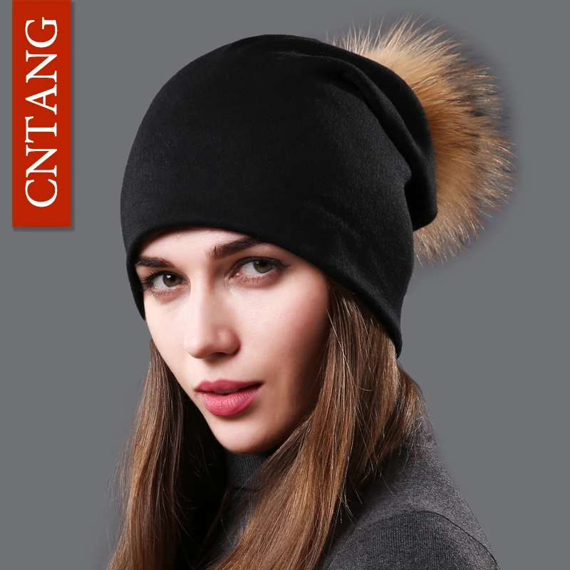 Women\'s Hat Natural Raccoon Fur Pompom Beanies Autumn Winter Warm Cotton Hats Rhinestone Fashion Caps for Women Multiple Styles