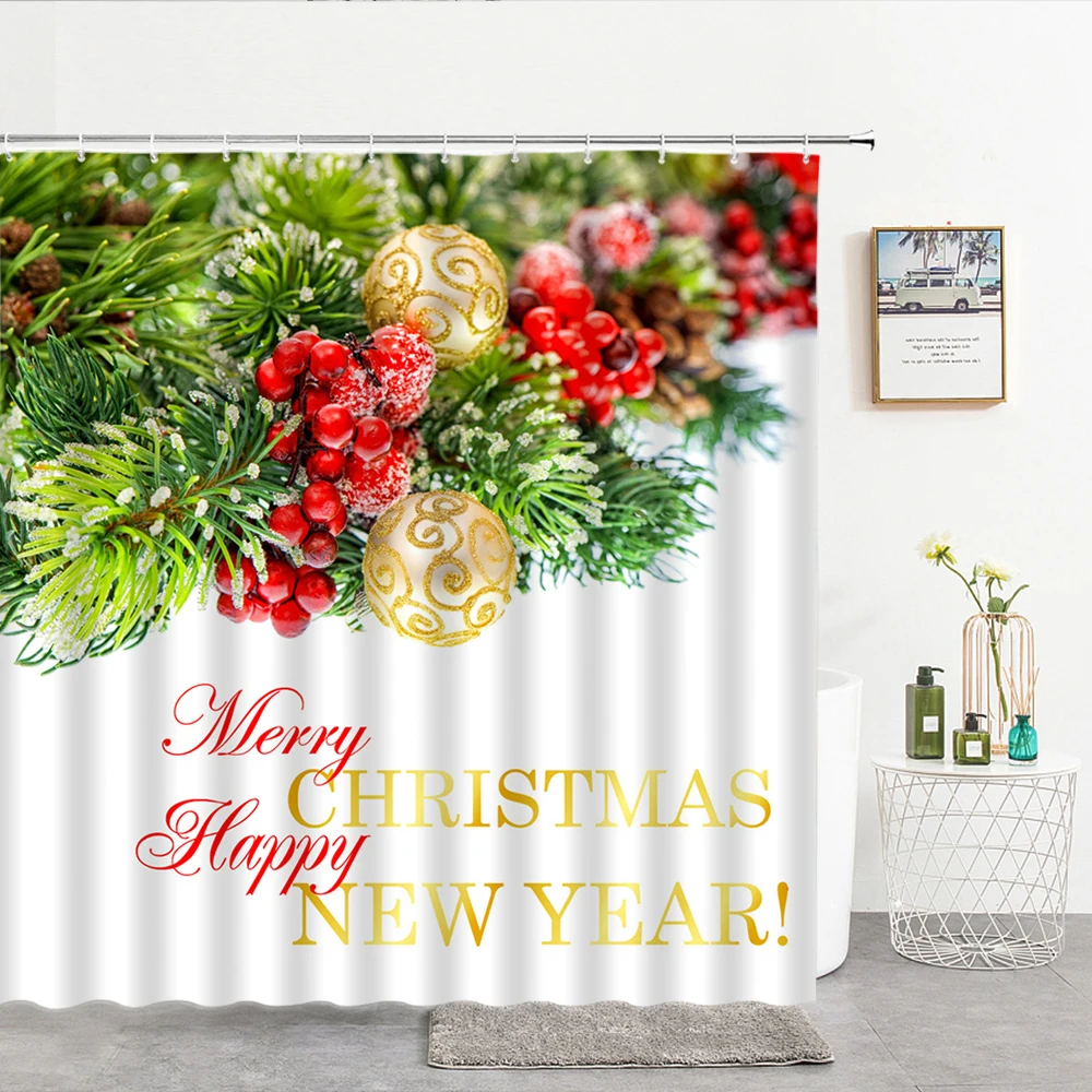 Merry Christmas Bathroom Shower Curtain Happy New Year Santa Red Pattern Waterproof Curtains Decoration Printed Shower 180x240