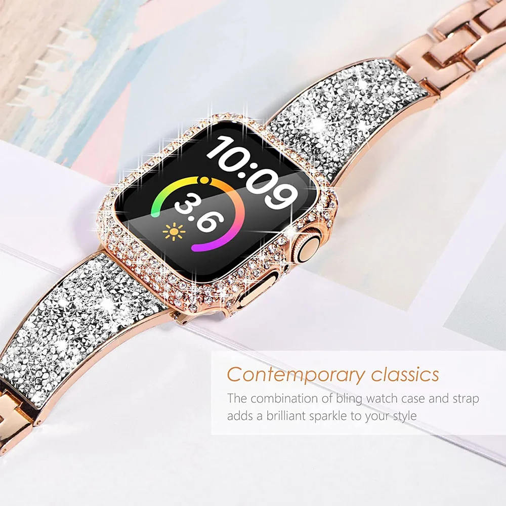 Luksusowy pasek z brokatem dla Apple Watch Band 41mm 40mm 38mm 45mm seria 8 7 SE 6 5 4 3 Bling Crystal bransoletka dla iWatch kobiet