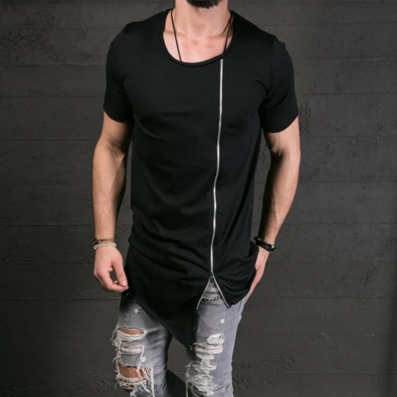 Summer wear long round neck matching half-sleeve t-shirt large undershirt high street style inclined Zipper short-sleeved t-fash