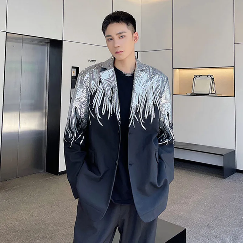 Oversize Loose Casual Blazers Men\'s Star Singer Concert Stage Silver Sequins Suit Coat Plus Size Performance Costume Jackets